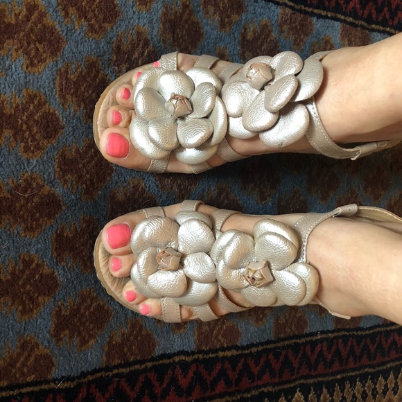 Born Shoes - Gold-Toned Leather/Wood Heeled Sandals 👡